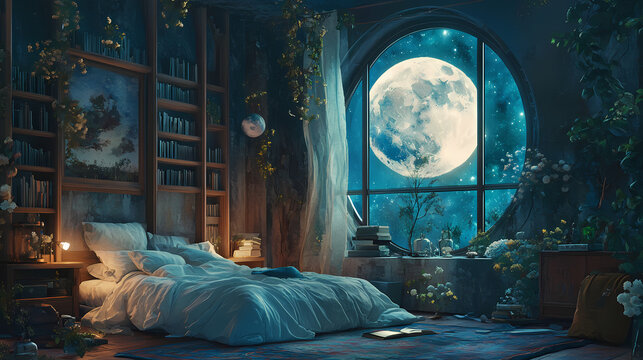 Interior de um quarto aconchegante com uma grande janela e a lua. Hinterland. Illustration