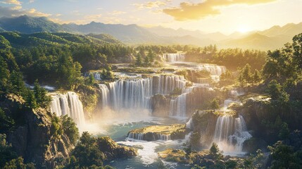 Fototapeta premium Majestic cascading waterfalls in a lush green mountain valley at sunset.
