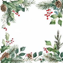Fototapeta premium Marco decorativo navideño con piñas y hojas verdes