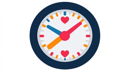 Colorful clock with heart-shaped hands and markers on white background. The 14th of February. Happy Valentine's Day