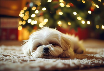 A small white dog sleeps peacefully on a rug in front of a beautifully lit Christmas tree