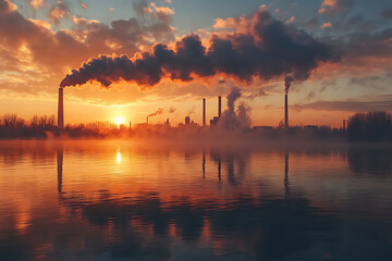 Naklejka premium A smoky industrial factory emitting thick black clouds into the sky, symbolizing the harmful effects of air pollution and its impact on the environment. 