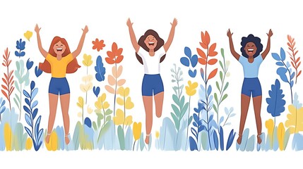 Joyful women jumping in floral field.