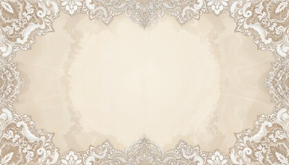 Vintage card background with Victorian lace intricate pattern in white and cream colors with copy space