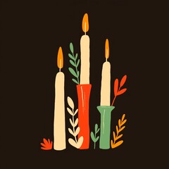 Colorful Kwanzaa candles in red, green, and yellow on black background. African American holiday, traditional event. Illustration for design greeting card, poster, invitation, banner with copy space