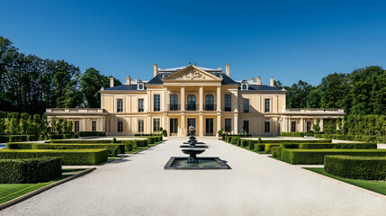 Obraz premium Grand Baroque royal estate in Versailles France with elaborate fountains and manicured gardens