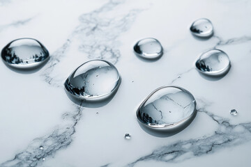 Water droplets on a marble surface, showcasing their spherical shape and high surface tension.