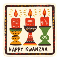 Greeting card with text Happy Kwanzaa and traditional colorful kinara candles on beige background. African American holiday, traditional event. Ethnic design for poster, invitation, banner 