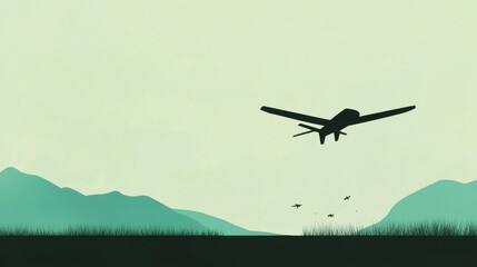 Military Drone Flying Over War Zone Landscape with Mountains and Grassy Terrain in Background
