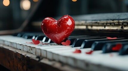 This striking image presents a shiny red heart resting on the white keys of an old piano, surrounded by scattered small heart shapes, invoking romantic nostalgia.