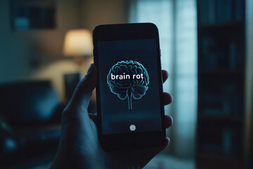 A person holds a smartphone displaying an artistic representation of a brain labeled brain rot. The dimly lit living room features a lamp and bookshelves that create a warm, inviting atmosphere