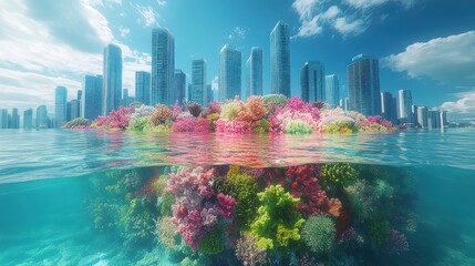Obraz premium A vibrant coral reef beneath a skyline of modern skyscrapers, blending nature and urban life.