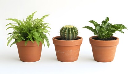 Fototapeta premium Three potted plants in terracotta pots against a white background. A fern, a cactus, and another leafy plant. Perfect for home decor or gardening.