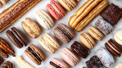 A delightful array of assorted pastries and macarons, including churros, brownies, and various flavored macarons, artfully arranged on a marble surface. 
