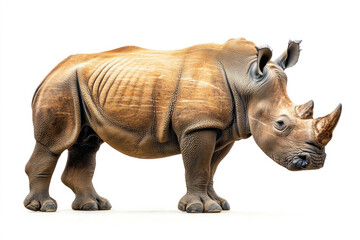 Obraz premium Rhino standing on white background, staring alertly, showcasing its large horn and tough skin.
