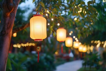 Illuminated lanterns hanging from trees create a serene evening atmosphere.