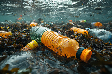 Obraz premium Plastic waste floating in a polluted ocean, with a close-up view of colorful bottles and bags entangled in seaweed, highlighting marine pollution. 