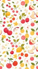 A colorful pattern featuring various fruits and flowers on a light background.