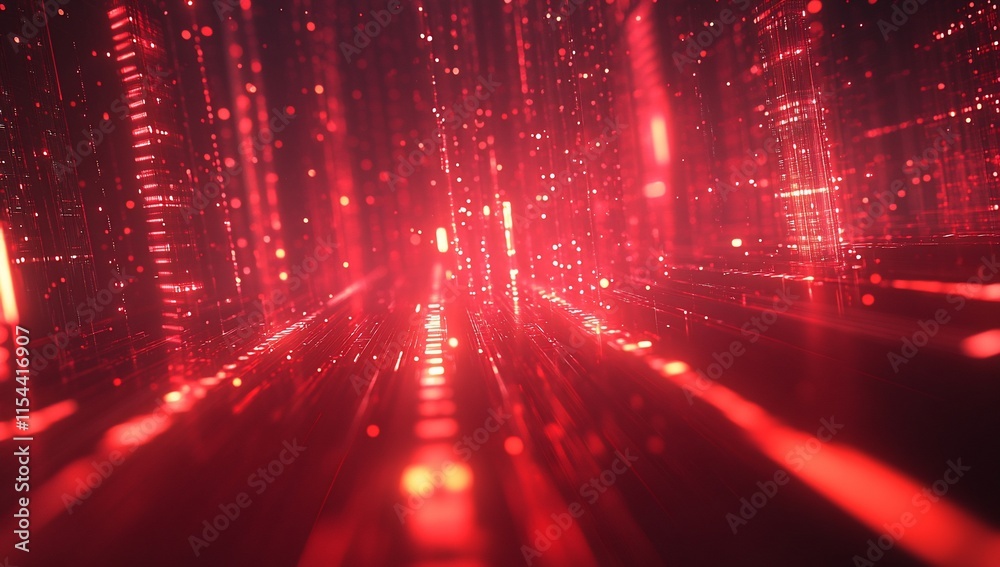Poster abstract digital visualization with red light particles and lines.