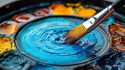 Obraz premium Paintbrush in center of pan, paint splashes