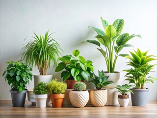 Fototapeta premium Lush indoor plants thrive in decorative pots, creating vibrant greenery and a clean, calming home décor.