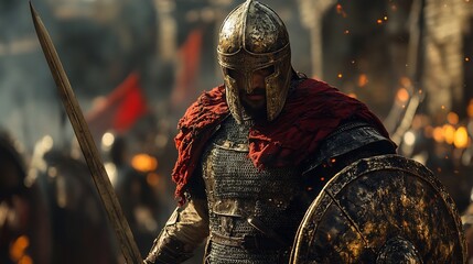 Byzantine soldier from the 8th century AD in intricate armor with a sword and shield in a Byzantine fort