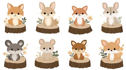 Eight adorable cartoon woodland animals sitting on tree stumps.