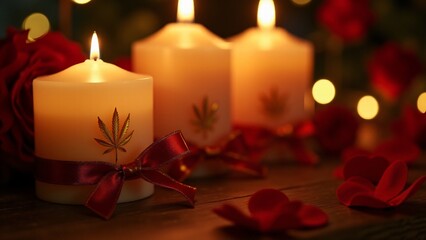 Romantic marijuana-scented candles, embossed with hearts, glowing softly in a dim room with red and gold accents, perfect for a stoner Valentine’s ambiance.