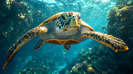 Fototapeta premium A sea turtle swims in crystal clear water