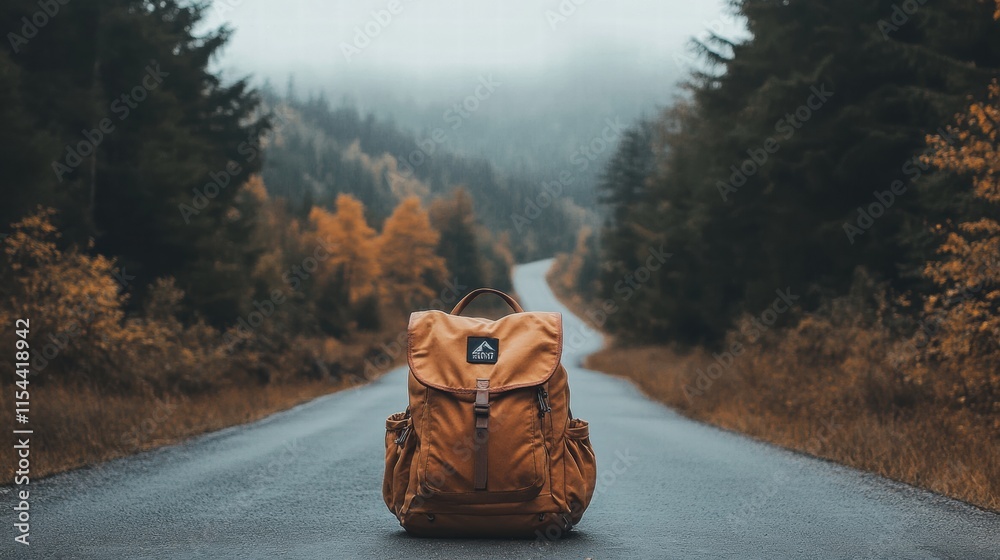 Poster Traveler with a backpack resting on a quiet road surrounded by autumn trees in a misty landscape. Generative AI