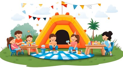 Fototapeta premium Children's birthday party camping scene.