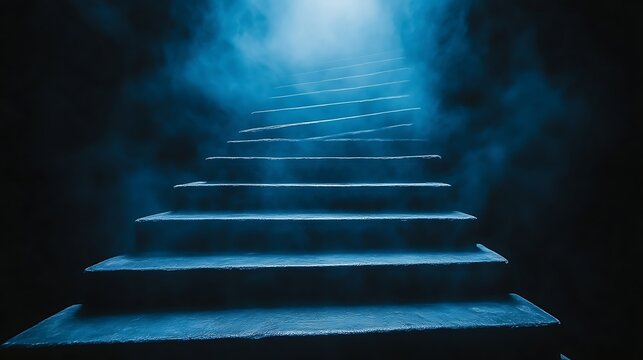 Mysterious blue stairway in smoky darkness.