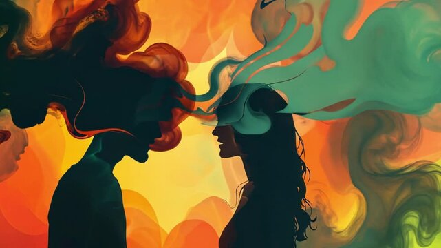 A couple engages in a heated argument as dark smoke swirls around them, symbolizing conflict and unresolved emotions.