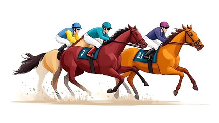Three racehorses and jockeys sprinting.