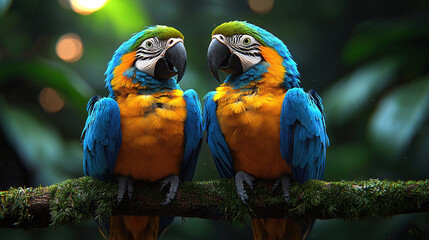   Two vibrant parrots perch on a branch against a hazy backdrop of foliage and a soft light boke