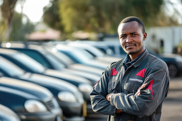 African male young mechanic standing confidently in car parking lot