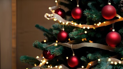 A festive Christmas tree embellished with vibrant red and gold ornaments, creating a warm and joyful holiday atmosphere