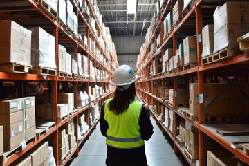Female warehouse worker in high visibility vest inspecting inventory