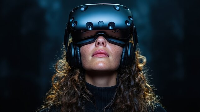 A woman with curly hair wears an advanced virtual reality headset in front of a dark background, emphasizing innovation and immersive digital experiences.