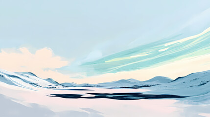 Obraz premium Soft green auroras curving over the snowfields of a desolate tundra under a peaceful sky. Tundral. Illustration