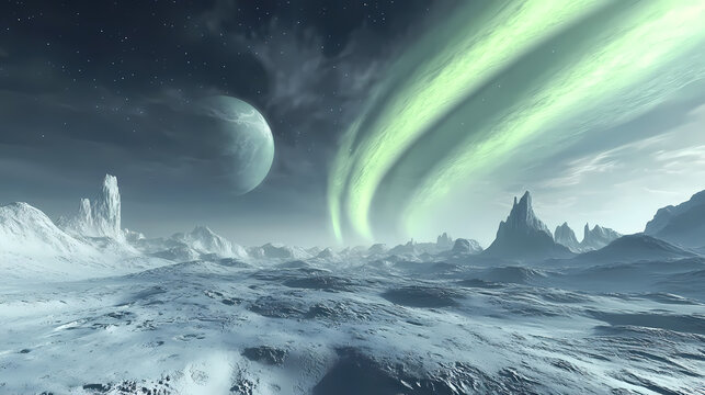 Soft green auroras curving over the snowfields of a desolate tundra under a peaceful sky. Tundral. Illustration