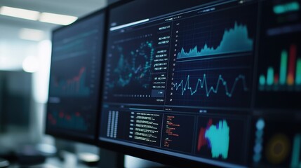Computer screen displaying data analysis and visualizations in a modern workspace during evening hours