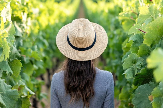 Woman in straw hat strolling through vineyard