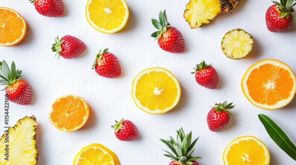 Poster vibrant arrangement of tropical fruits showcasing freshness and color on a bright background. genera