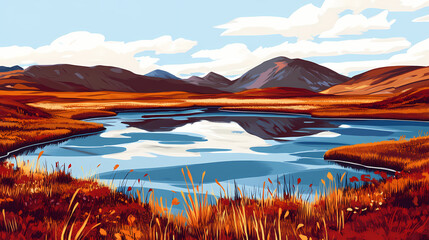Obraz premium Wetland tundra landscape with lakes in autumn colors in nome alaska usa. Tundral. Illustration