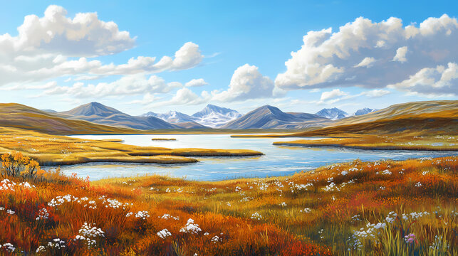 Wetland tundra landscape with lakes in autumn colors in nome alaska usa. Tundral. Illustration