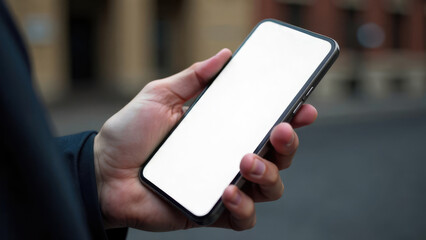A person's hand holds a modern smartphone with a blank white screen, outdoors. Concept of mobile technology. Mobile white screen mock up
