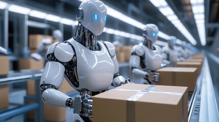Advanced robotics assembly line featuring humanoid robots packaging boxes in a modern warehouse setting