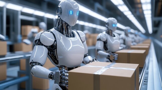 Advanced robotics assembly line featuring humanoid robots packaging boxes in a modern warehouse setting