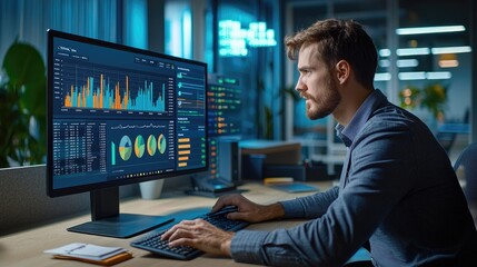 Professional Analyst Working on Financial Data Visualization in Modern Office with Dual Monitors and Ambient Lighting